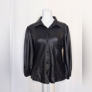 Almost Famous Faux Leather Collared Ballon Sleeve Button Down Shirt Medium Black